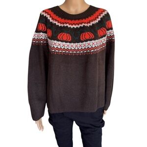 VINCE CAMUTO Halloween Sweater Pumpkin Fair Isle Raglan Sleeves, Brown & Orange